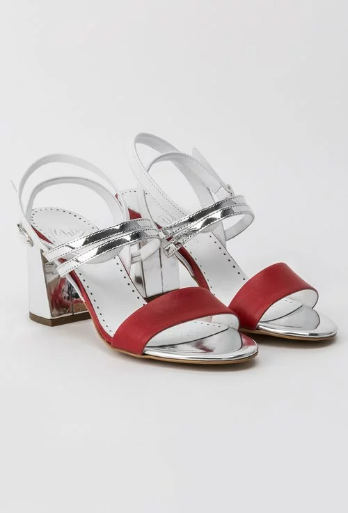 Sandale argintii din piele naturală in combinatie cu roșu și alb Elys