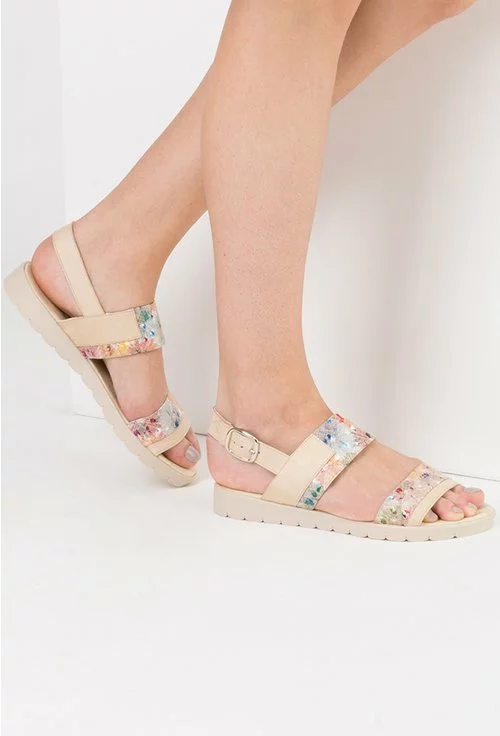 Sandale bej cu imprimeu multicolor din piele naturala Arcadia