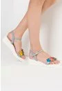 Sandale bleu inchis din piele naturala cu flori colorate Anais