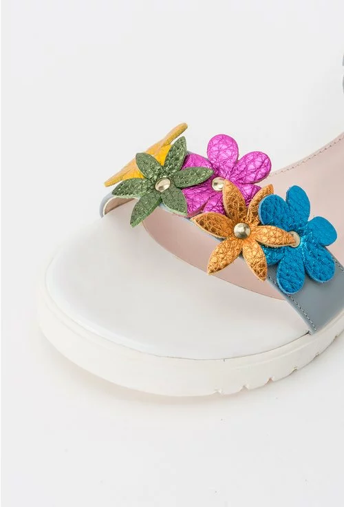 Sandale bleu inchis din piele naturala cu flori colorate Anais