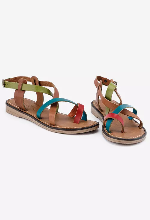 Sandale din piele maro cu detalii multicolore