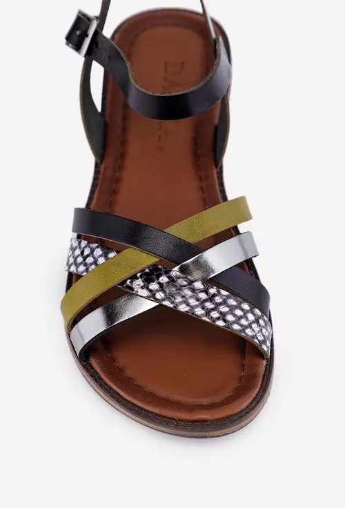 Sandale din piele neagra cu detalii colorate
