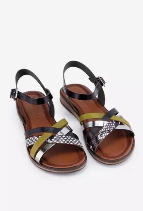 Sandale din piele neagra cu detalii colorate