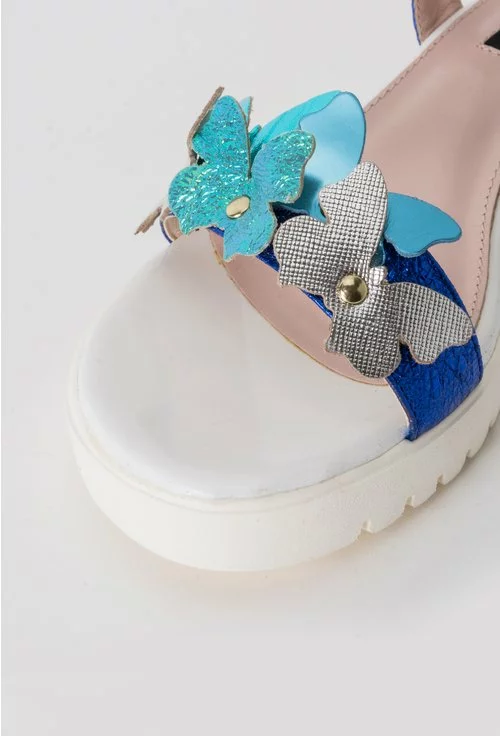 Sandale indigo metalizat din piele naturala si aplicatii fluturi colorati Gabrielle
