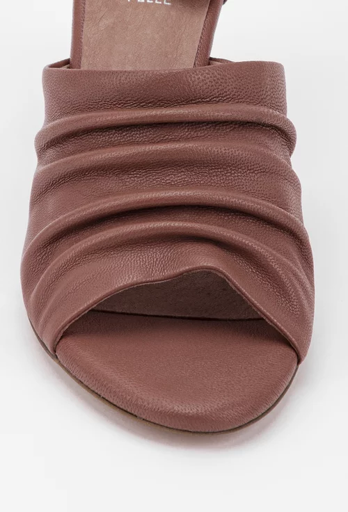 Sandale maro din piele cu toc satinat