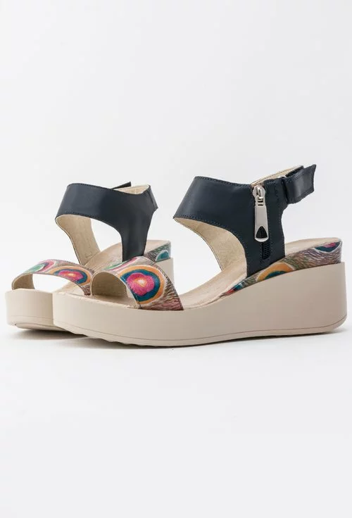 Sandale navy din piele naturala cu imprimeu geometric colorat  Daria