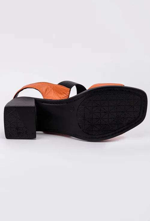 Sandale negre cu portocaliu cu toc gros realizate din piele