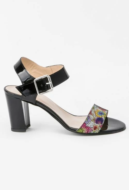 Sandale negre din piele naturala cu imprimeu floral colorat Rania