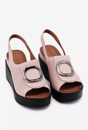 Sandale roz pal din piele perforata cu platforma neagra