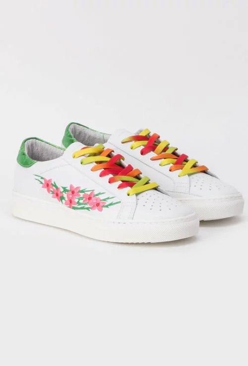 Sneakersi albi din piele naturala cu broderie florala colorata Flower