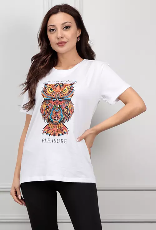 Tricou alb cu imprimeu bufnita