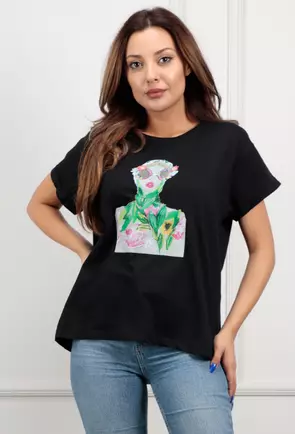 Tricou negru accesorizat cu imprimeu