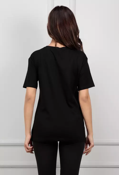 Tricou negru cu imprimeu colorat si chip stilizat