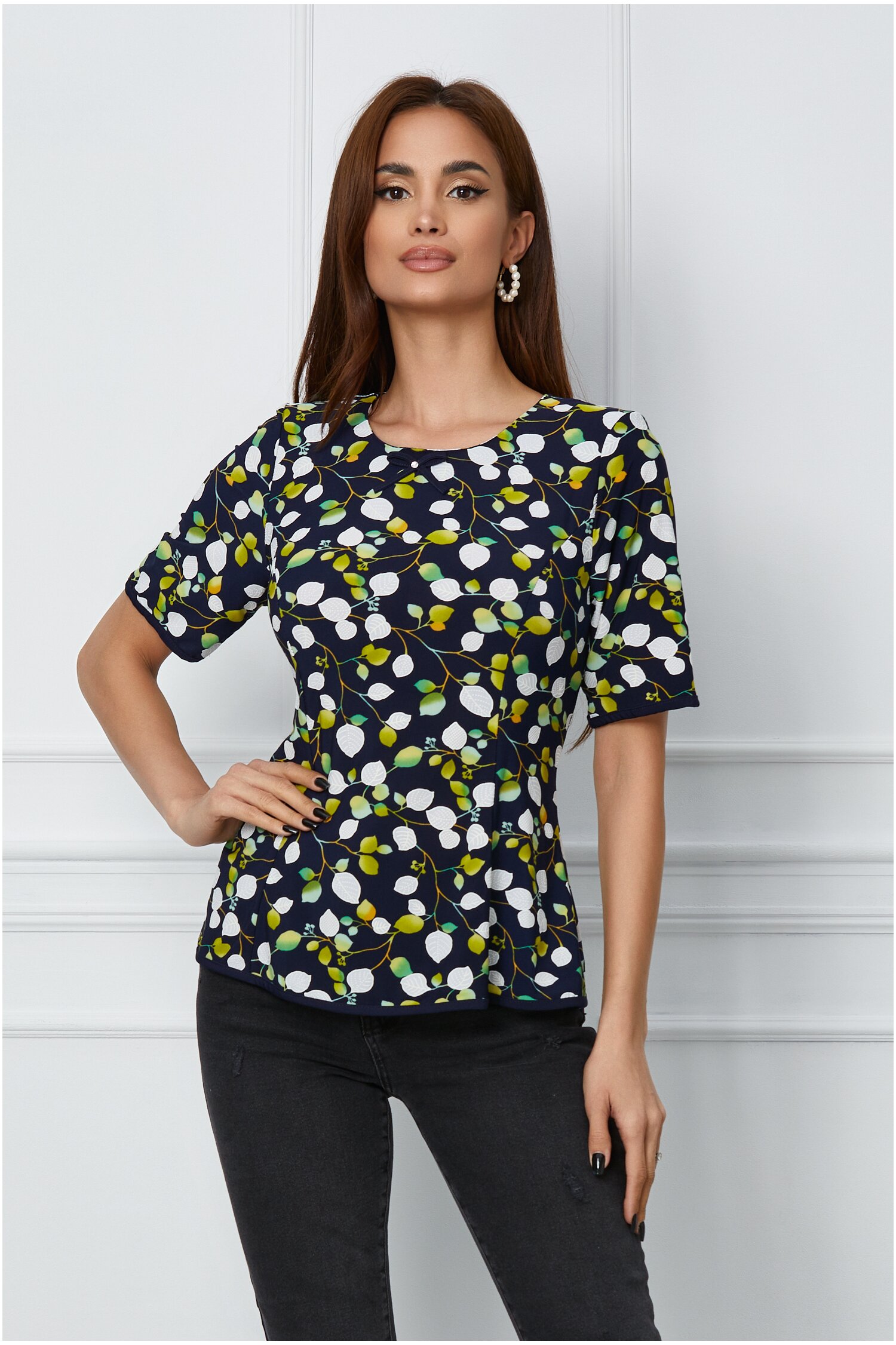 Bluza Rona bleumarin cu frunze verzi