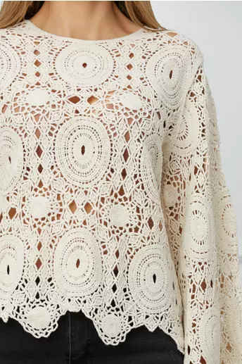 Bluza Anastasia ivory tricotata cu maneci evazate