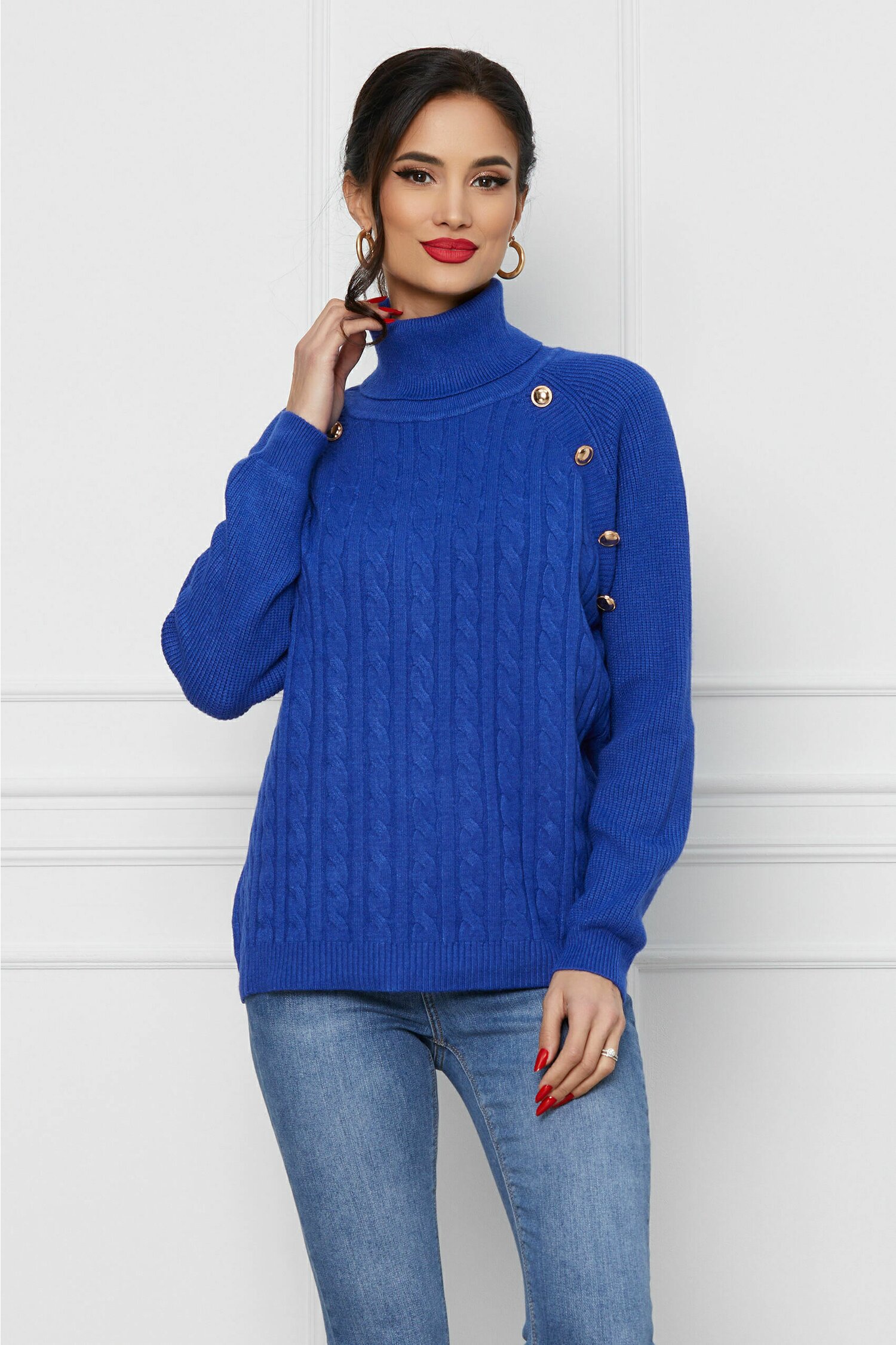 Bluza Anda albastra cu nasturi decorativi