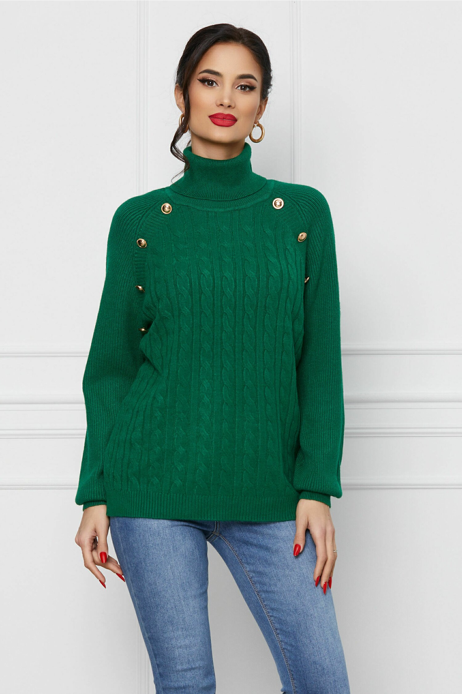 Bluza Anda verde cu nasturi decorativi