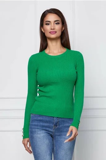 Bluza Annes verde din tricot reiat cu nasturi la maneci