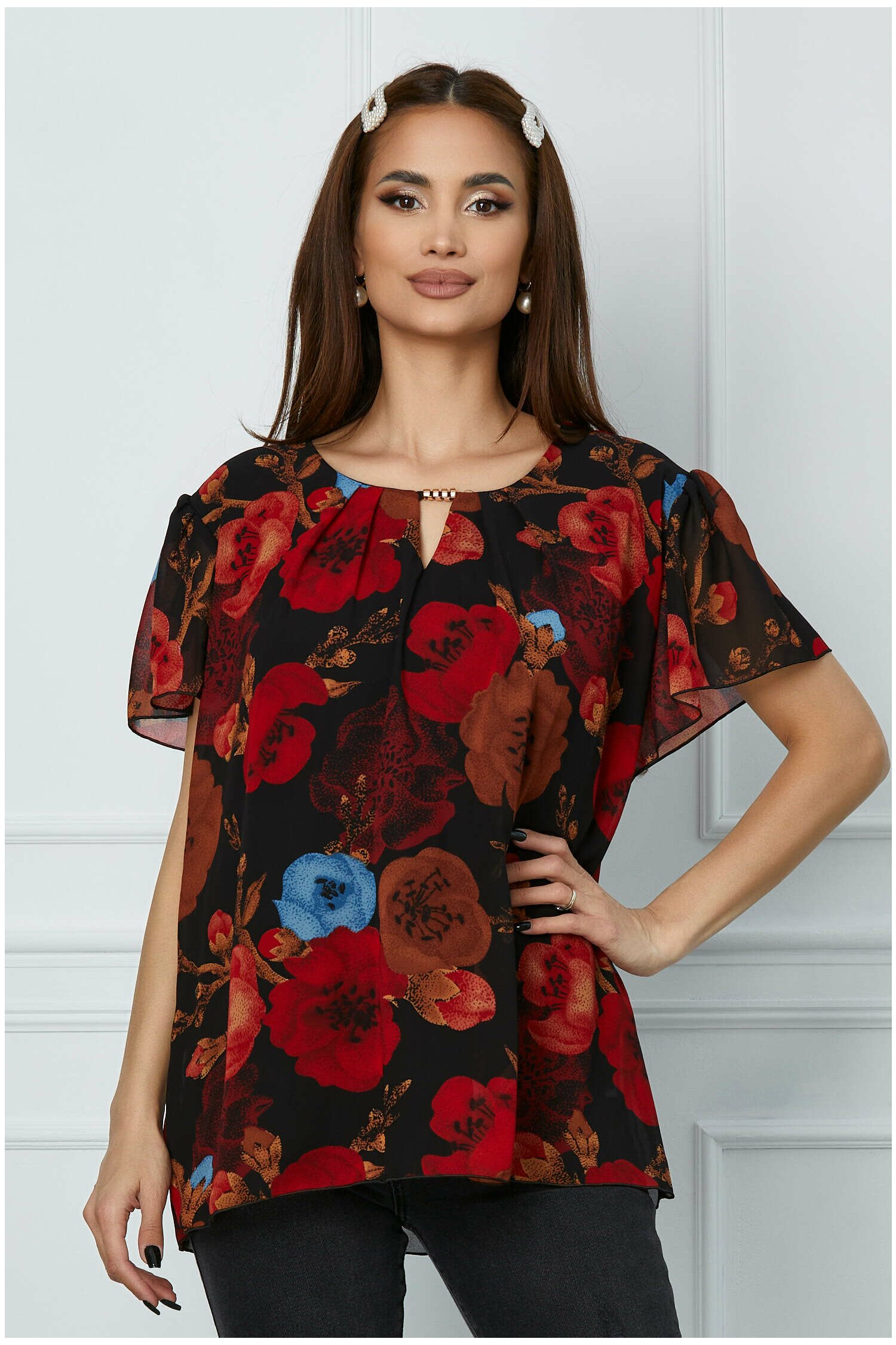 Bluza Bonie neagra cu imprimeu floral rosu-maro dyfashion.ro imagine 2022 13clothing.ro