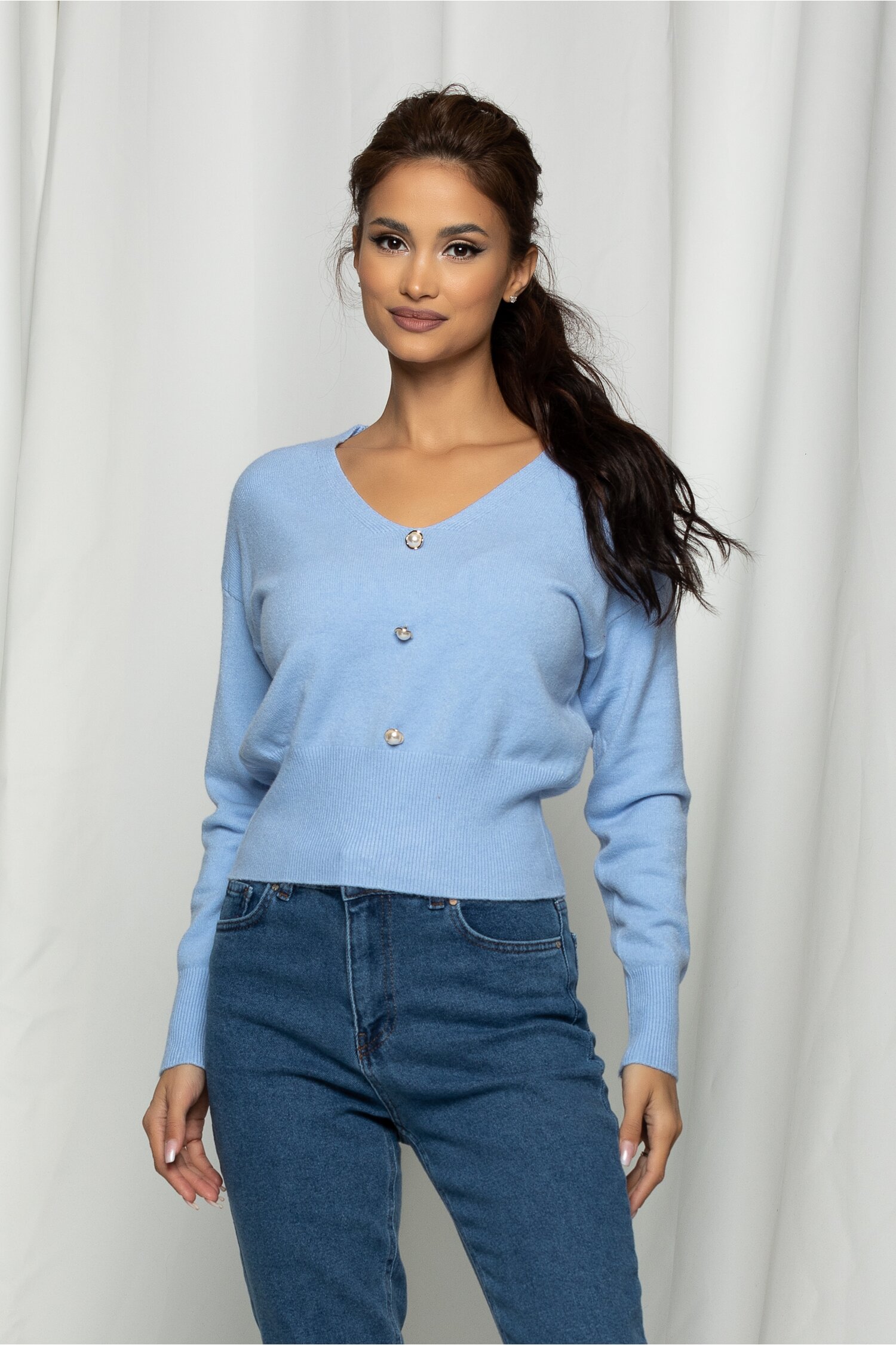 Bluza Brianna bleu cu nasturi perlati