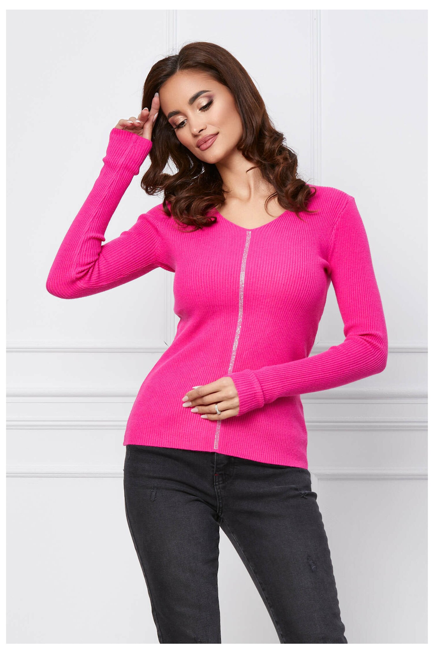 Bluza Carina fucsia din tricot cu strasuri