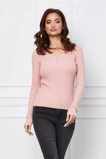 Bluza Carina roz din tricot cu strasuri
