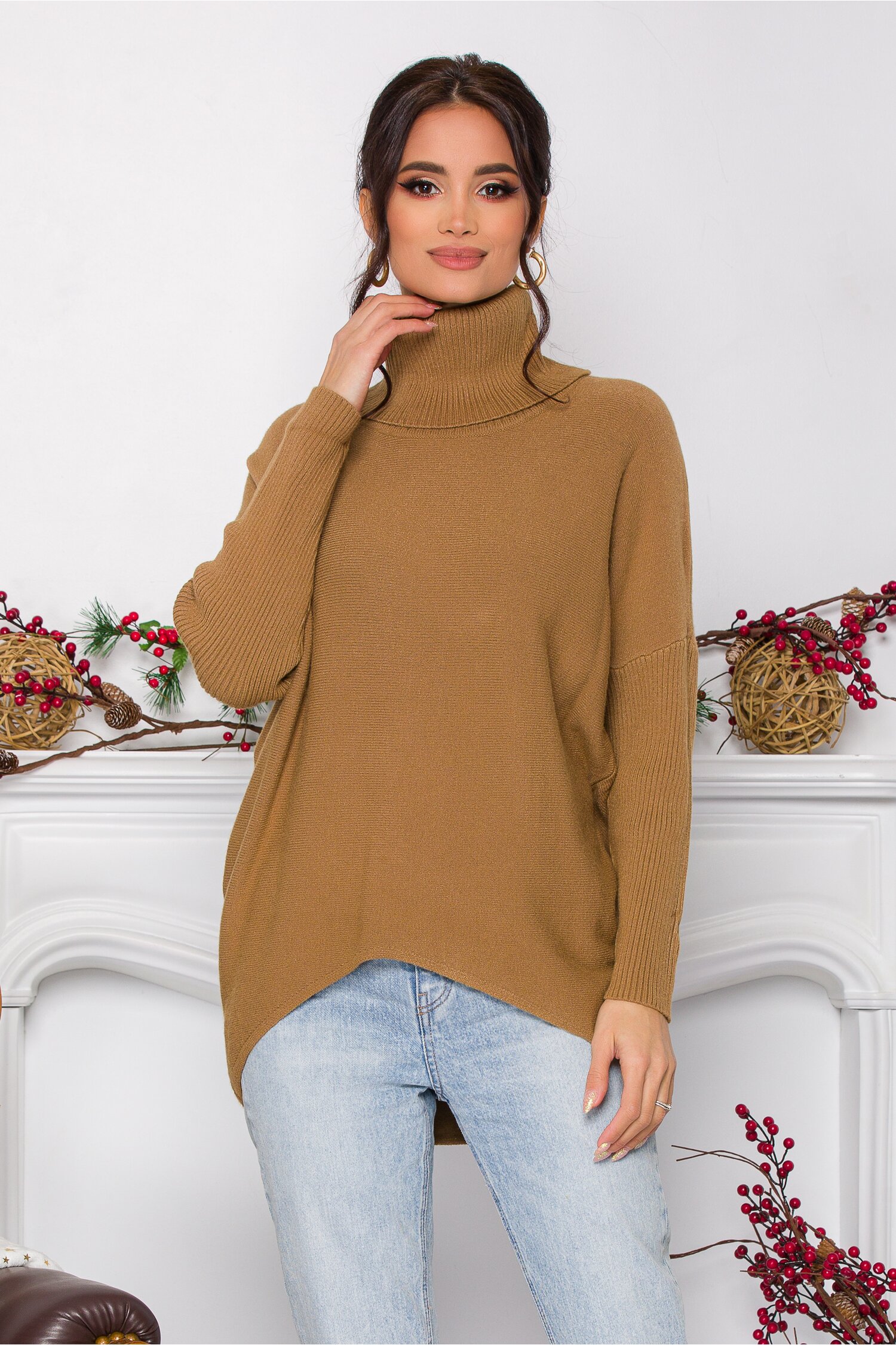 Bluza Daiana camel din tricot cu textura reiata la guler si maneci