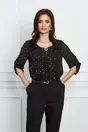 Bluza Daiana neagra cu imprimeu auriu si accesoriu la bust