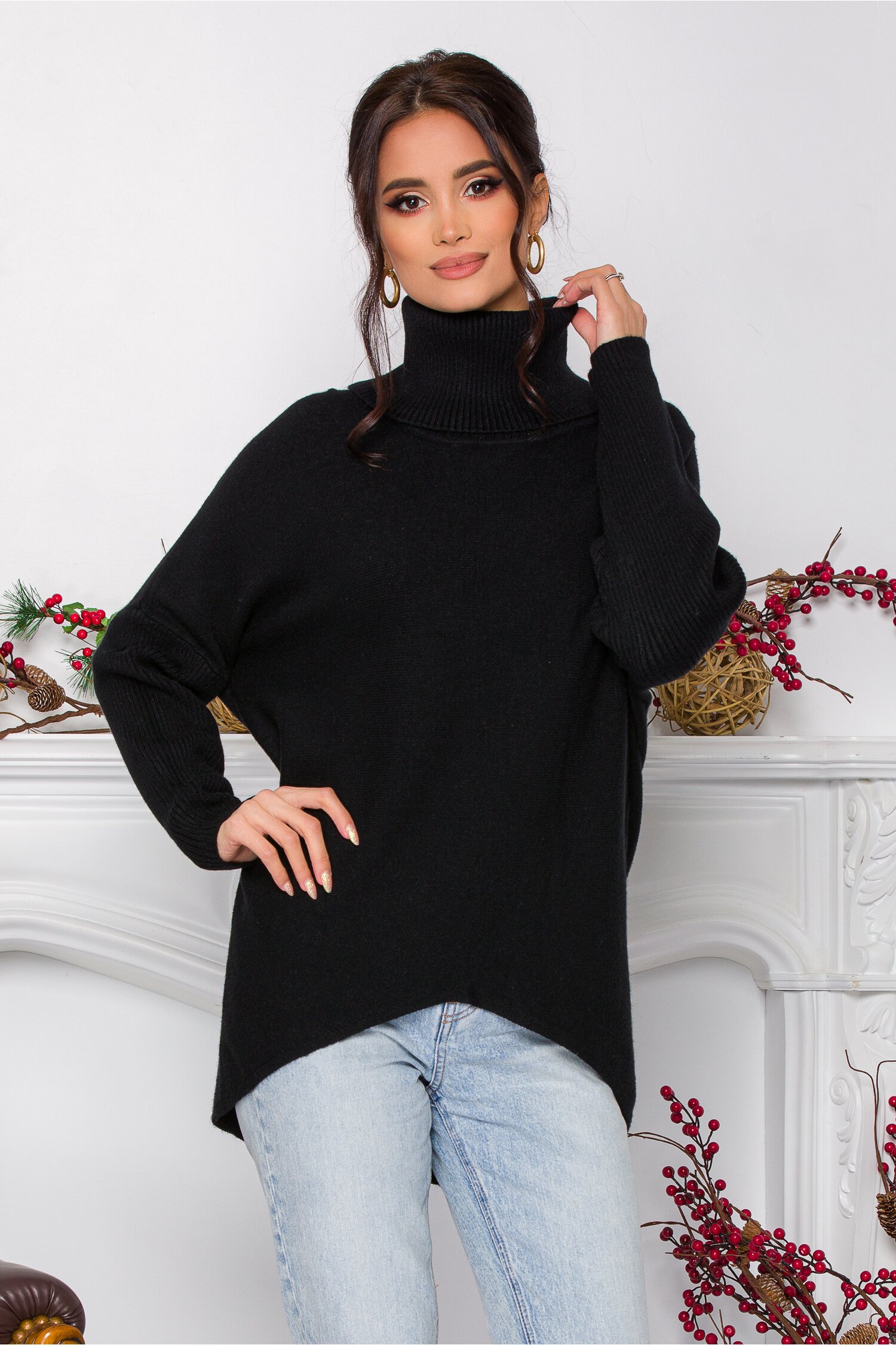 Bluza Daiana neagra din tricot cu textura reiata la guler si maneci