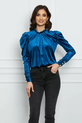 Bluza Dy Fashion albastra din catifea cu umeri bufanti