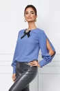 Bluza Dy Fashion albastru petrol cu accesoriu la bust si maneci despicate