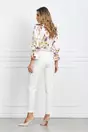 Bluza Dy Fashion din satin alba cu flori galbene si volan pe bust