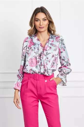 Bluza Dy Fashion din satin bleu cu flori roz si volan pe bust