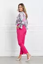 Bluza Dy Fashion din satin bleu cu flori roz si volan pe bust
