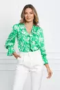 Bluza Dy Fashion din satin verde cu flori albe si volan pe bust