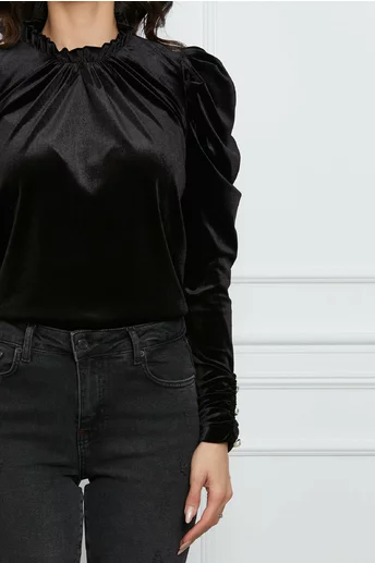 Bluza Dy Fashion neagra din catifea cu umeri bufanti