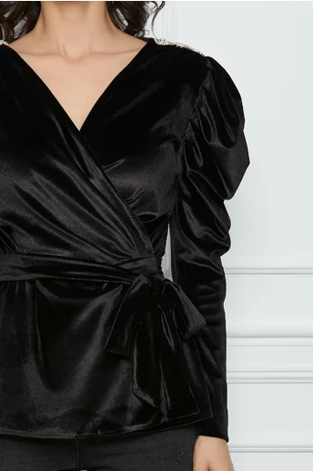 Bluza Dy Fashion neagra din catifea cu accosorii pe umeri