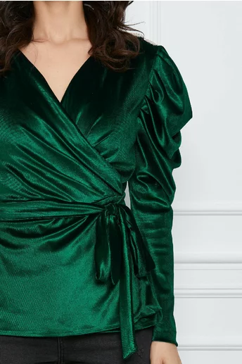 Bluza Dy Fashion verde din catifea cu accesorii pe umeri