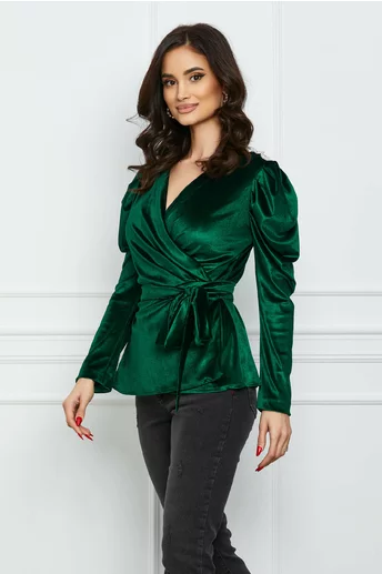 Bluza Dy Fashion verde din catifea cu accesorii pe umeri