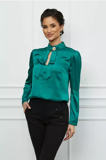 Bluza Dy Fashion verde satinata cu funda si accesoriu la decolteu