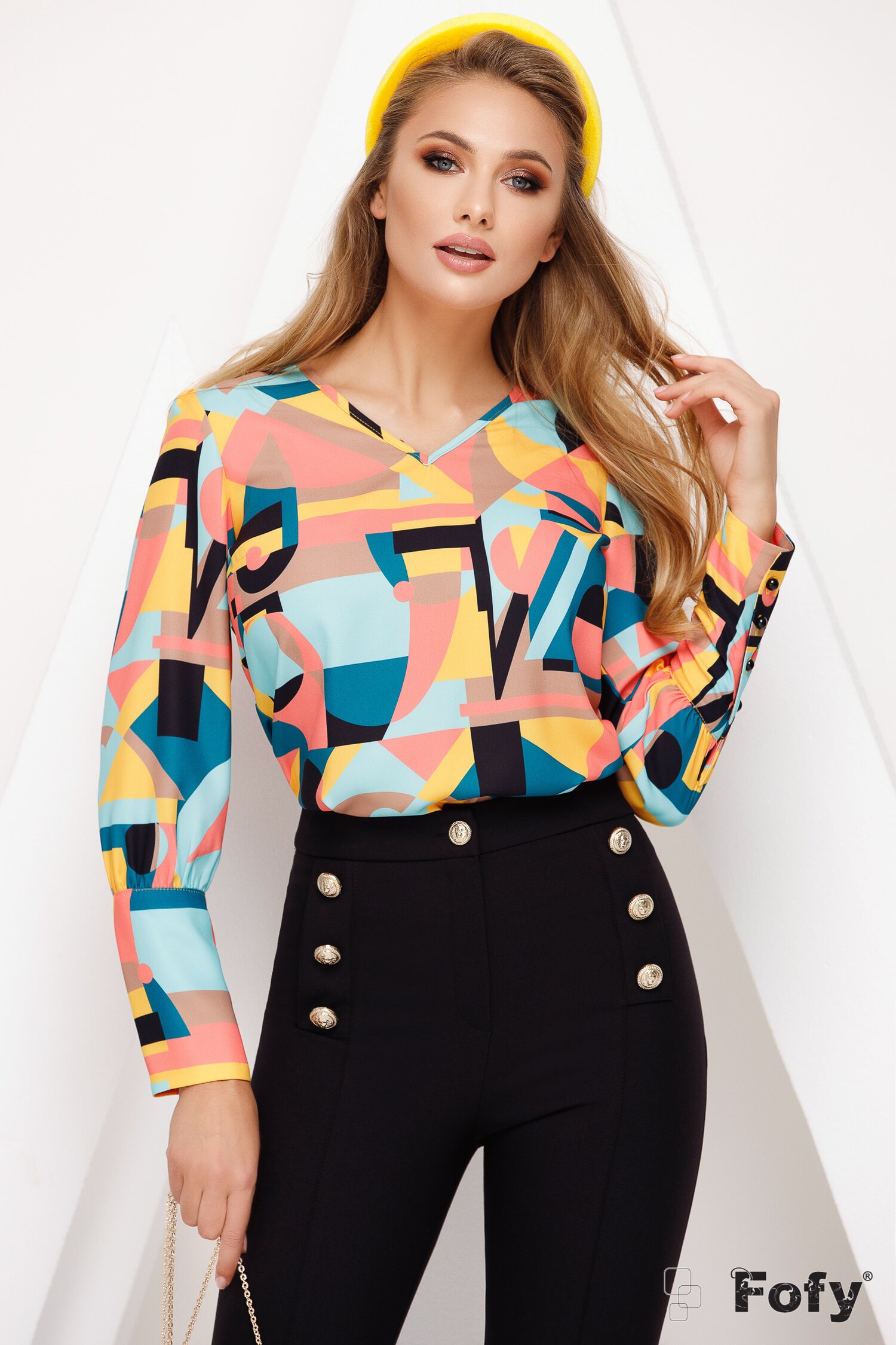 Bluza Fofy cu imprimeu grafic multicolor si esarfa la gat