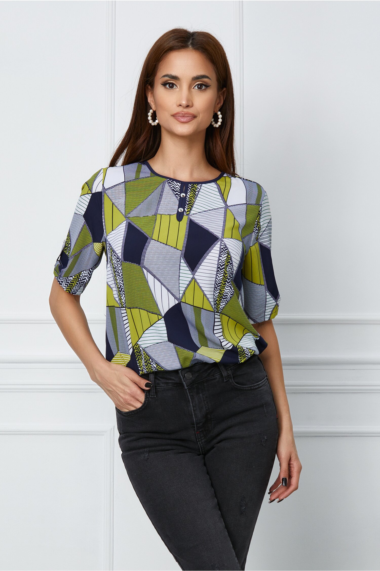 Bluza Gabrielle cu imprimeu geometric lime-bleumarin