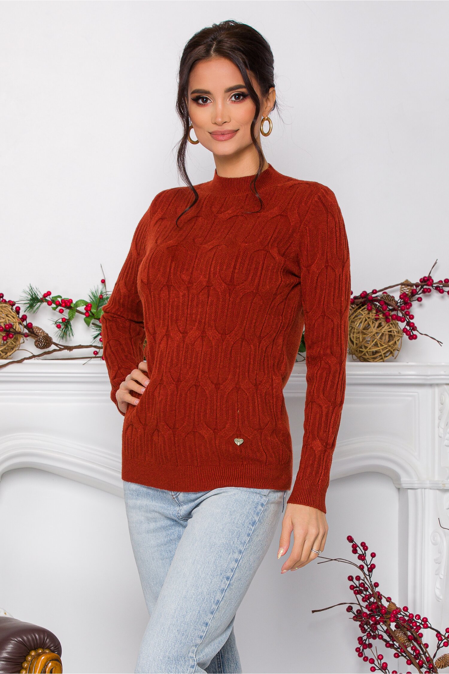 Bluza Irina caramizie din tricot cu model in relief