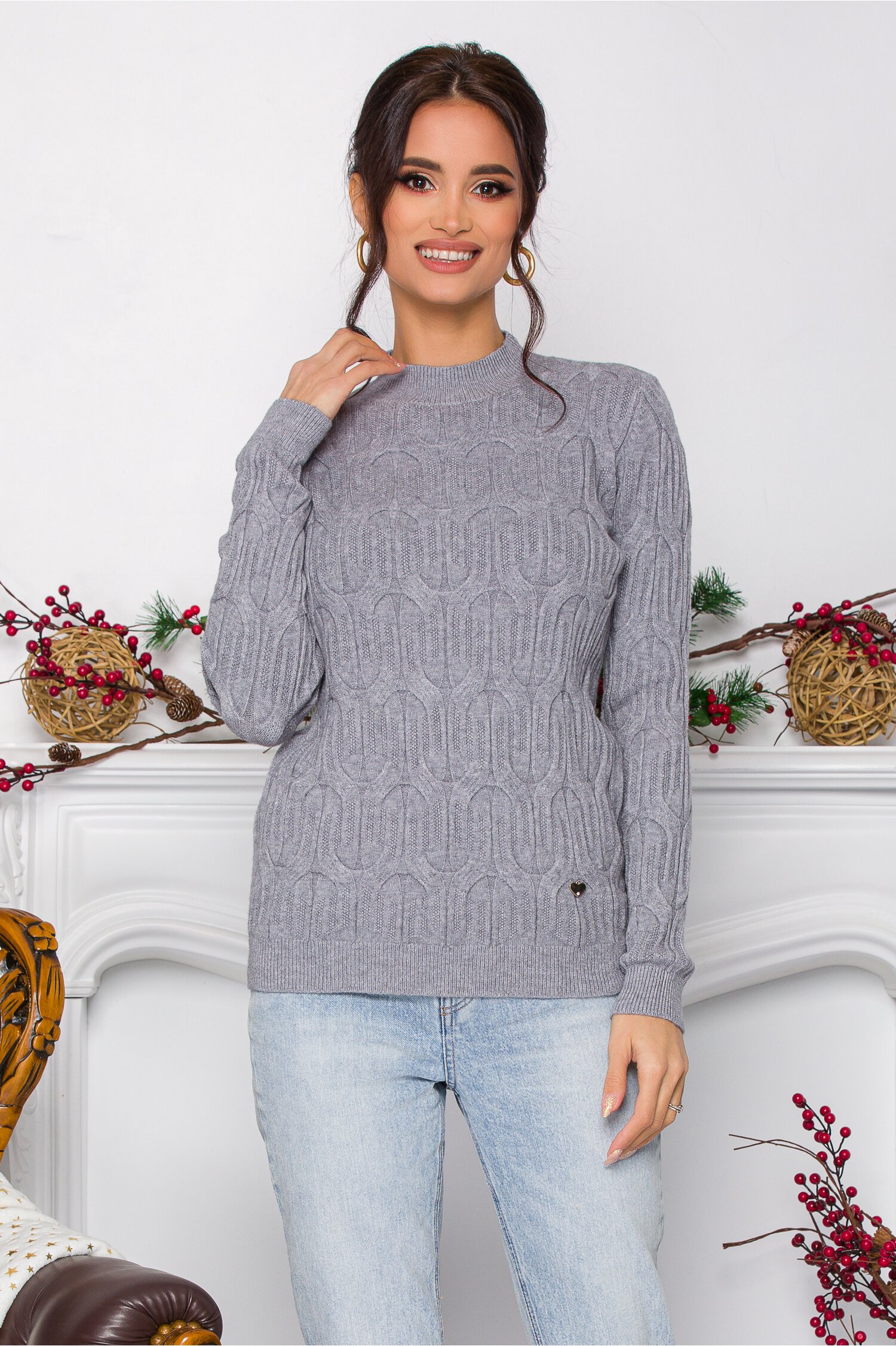 Bluza Irina gri din tricot cu model in relief