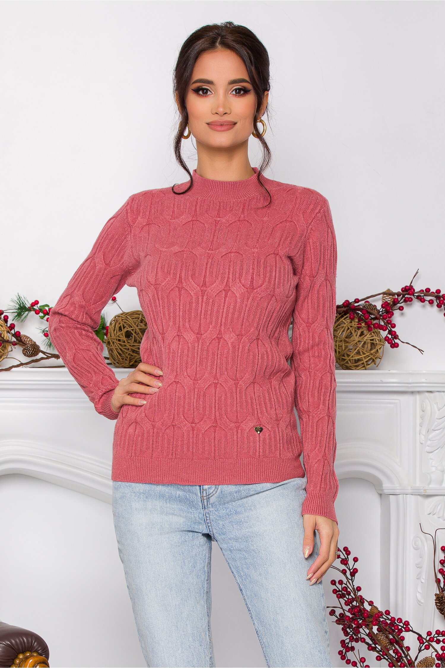 Bluza Irina roz din tricot cu model in relief