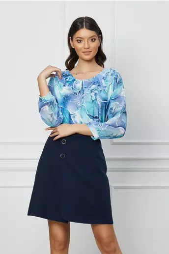 Bluza Isabela bleu cu imprimeu turcoaz si volane