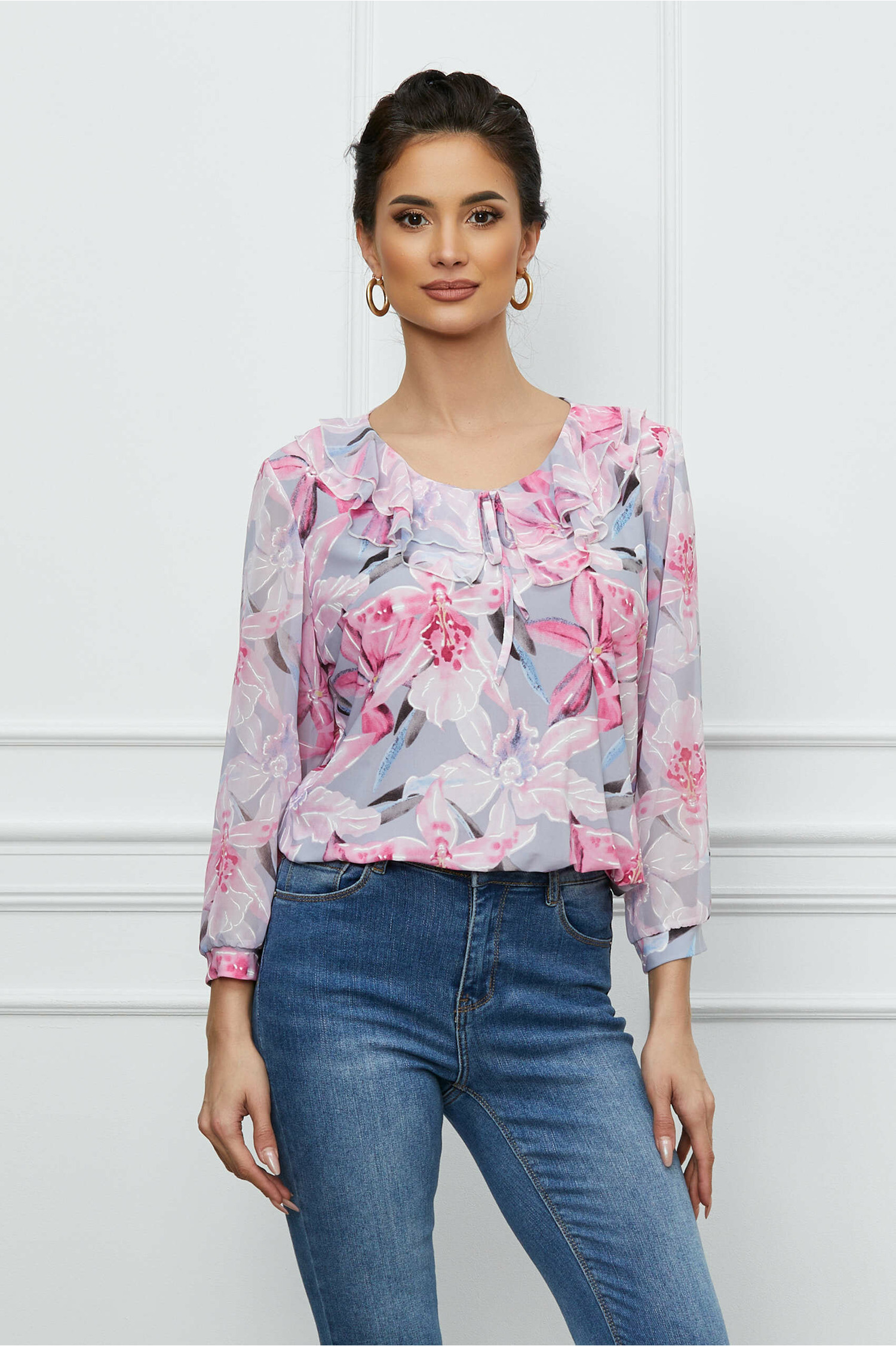 Bluza Isabela gri cu flori roz