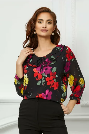 Bluza Isabela neagra cu imprimeu floral rosu
