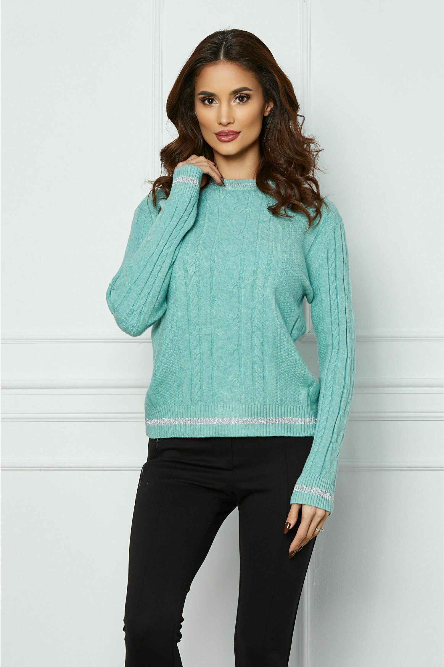 Bluza Jamie verde mint cu benzi din sclipici