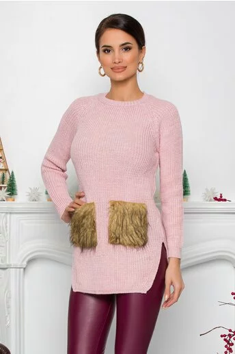 Bluza Lexa roz din tricot cu blanita la buzunare